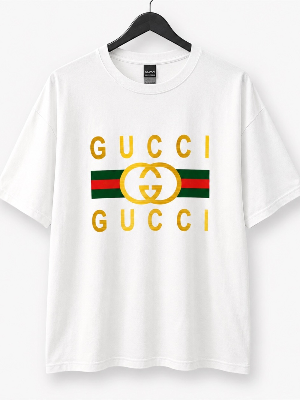 Custom made White Tee with Gold Logo and Green-Red Stripe